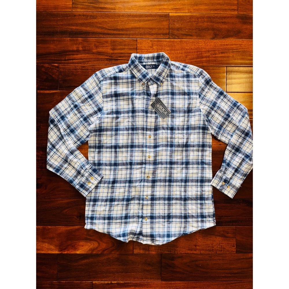 Boca Classics Button Down Shirt Mens Large Blue NWT Plaid Flannel BCMC9873